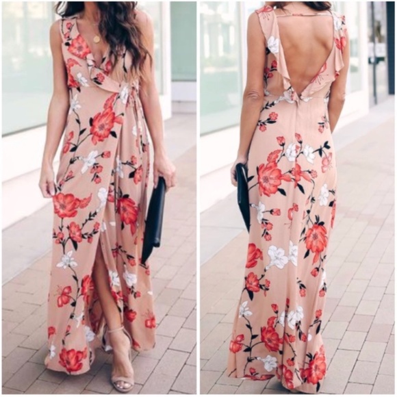 CLEARANCE Taupe Deep V Faux Wrap Floral Open Back Dress - Picture 1 of 7